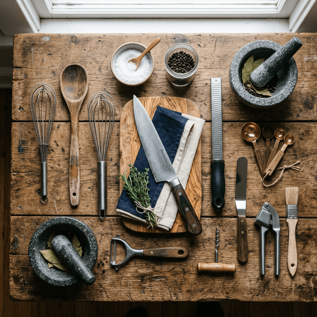 Flat lay culinary tools on rustic table