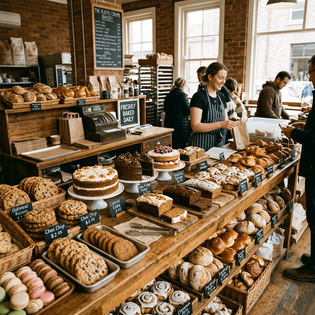 Bakery counter with assortment of fresh cookies, cakes, and bread